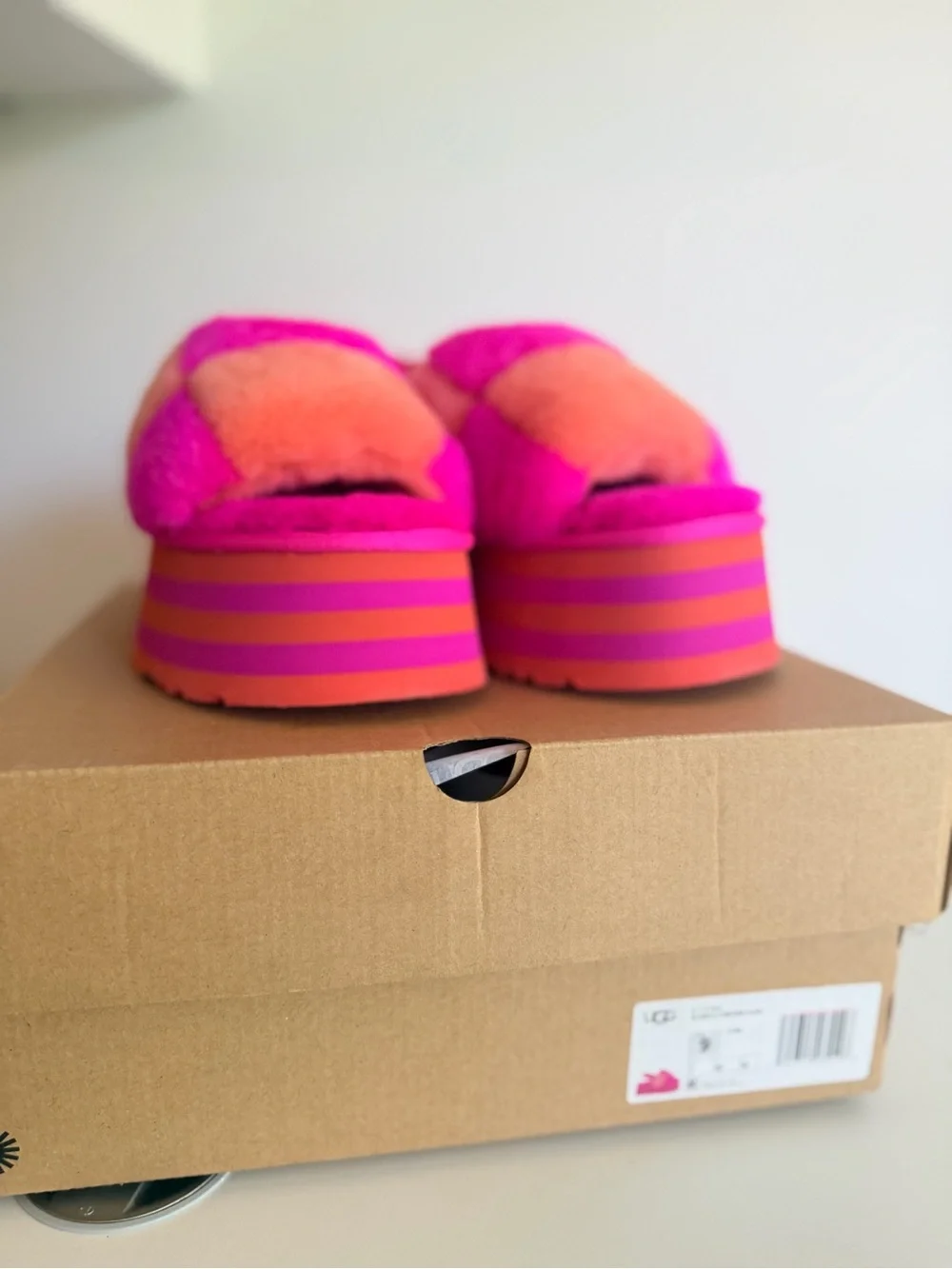 UGG Checker Pink and Orange Platform Fluff Slides